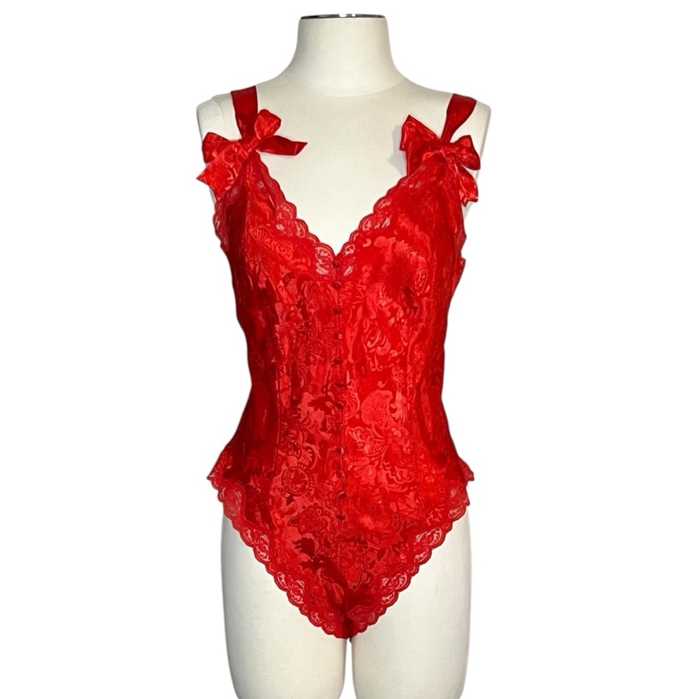 Vintage Victoria’s Secret Gold Label red floral damask satin & lace robe and ted - Picture 5 of 16